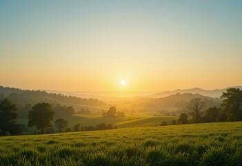 Serene Sunrise Concept Rolling Hills Grassy Field Soft Gradient Sky - Inspirational Nature Wellness Imagery Tranquil Lifestyle Themes