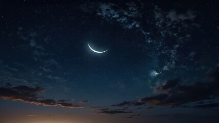 A glowing crescent moon with twinkling stars and delicate thin clouds in a peaceful night sky.