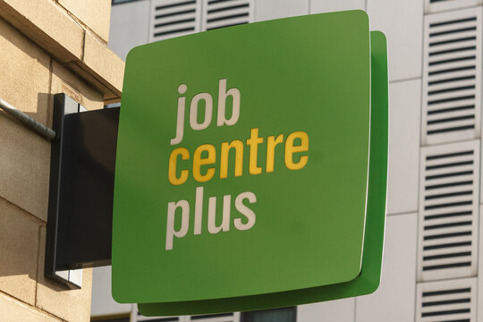 The sign and logo on the wall of Job Centre Plus, a section of the government Department of Work and Pensions catering for the unemployed and job seekers