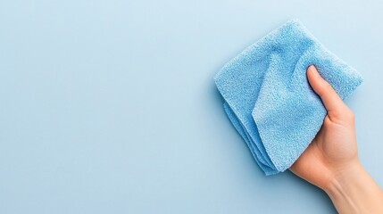 A hand holds a small, light blue cleaning cloth against a pale blue background. Simple, clean image