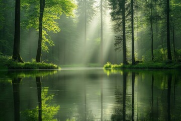 Obraz premium Serene Forest Pond at Dawn