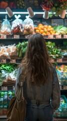 Obraz premium Woman shops for produce at a grocery store during the day, browsing shelves of fruits and vegetables