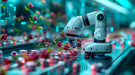 Industrial Robot Arm Arranging Flowers in Futuristic Workspace