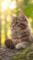 Fototapeta premium maine coon cat playing pine cone forest
