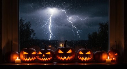 Jack-o'-lanterns Glowing Brightly on Window Sill During Thunderstorm