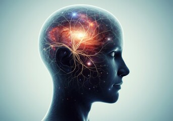 Abstract representation of a human head with a galaxy inside, symbolizing consciousness