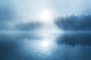 Serene Blue Waters and Tranquil Mist &ndash; Calming Nature Scenery with Soft Light and Reflections