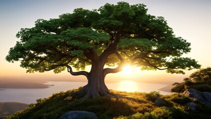 A large tree on top of a hill with a sunset in the background.