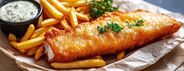 Delicious Crispy Fish and Golden Fries ,Classic Fish and Chips with Tangy Dipping Sauce for a Hearty Meal