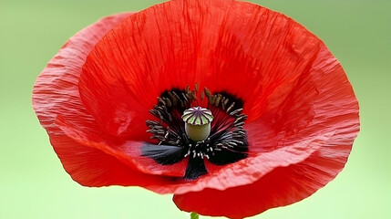 Close-up red poppy flower, green background, nature photography, suitable for cards, websites