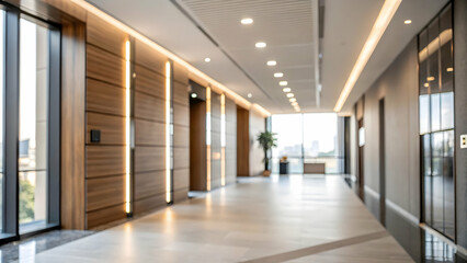 Bright, spacious office hallway with wood paneling and large windows.