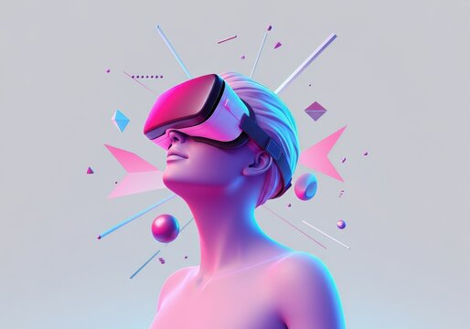 Woman wearing virtual reality headset with colorful geometric elements