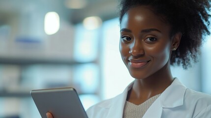 Smiling female scientist holding a tablet in a modern lab