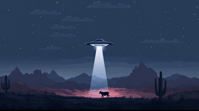 UFO Cattle Abduction in Desert Mountain Landscape. Flying Cow