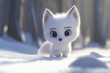 This image showcases a lovable baby arctic wolf, rendered in 3d, designed to be a friendly character in animations intended for children