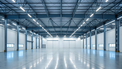 Fototapeta premium Empty modern warehouse interior with bright lighting