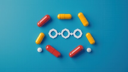 Colorful Capsules and Pills Arranged on Blue Background