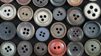 Fototapeta premium Colorful vintage buttons on dark wood background; crafting, sewing, fashion texture