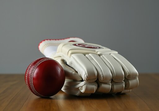 White leather cricket glove and red ball sit on wooden surface, suggesting a recent game