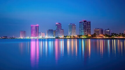 Fototapeta premium Vibrant city skyline at dusk with colorful lights reflecting on calm water, showcasing urban beauty
