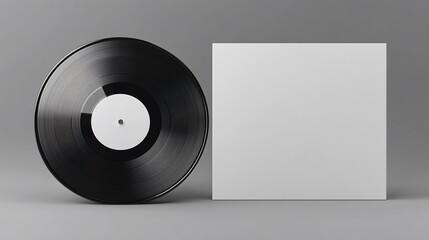 Black vinyl record with white label, next to a blank white album cover