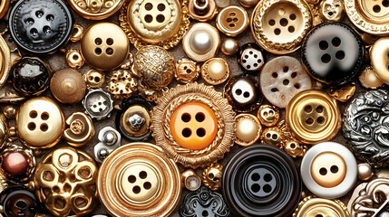 Fototapeta premium Assorted buttons, gold and black tones, close-up texture, craft background, sewing supplies