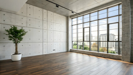 Obraz premium Empty modern loft apartment with large windows and concrete wall.