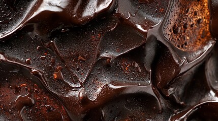 Ultra close-up of dark chocolate ganache solidifying, rich textures and glossy surface, capturing the crystallization moment, professional food photography
