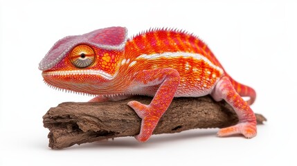Obraz premium Red and orange chameleon perched on a dark brown branch against a white background. Vivid colors and detailed textures are visible. The chameleon is