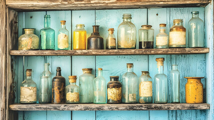 Fototapeta premium Antique glass bottles on rustic wooden shelves, weathered background; perfect for vintage, historical, or apothecary themes