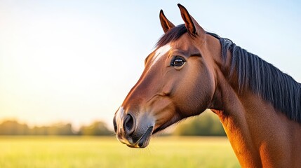 Fototapeta premium Close up portrait of a chestnut brown horse with a white blaze on its forehead, standing in a sunlit green pasture. 
