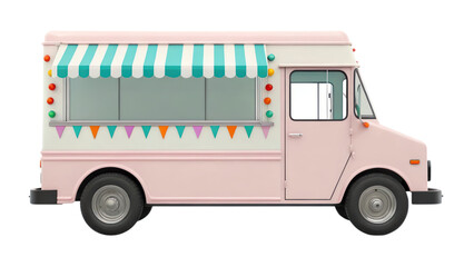 pastel ice cream truck with striped awning and colorful decorations, perfect for summer treats