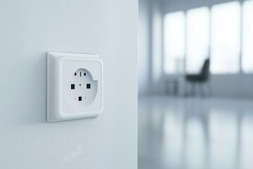 A modern universal power outlet mounted on a white wall in a minimalist interior, with a blurred background featuring large windows and a chair.
