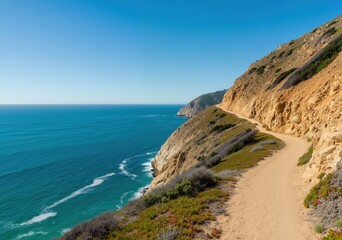 Obraz premium Scenic hiking trail follows the dramatic cliffs overlooking the vast pacific ocean, offering breathtaking views under a clear blue sky