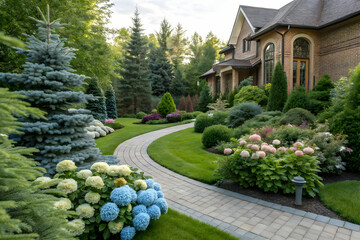 Fototapeta premium Curved pathway through a beautifully landscaped garden with lush greenery and a house in the background.