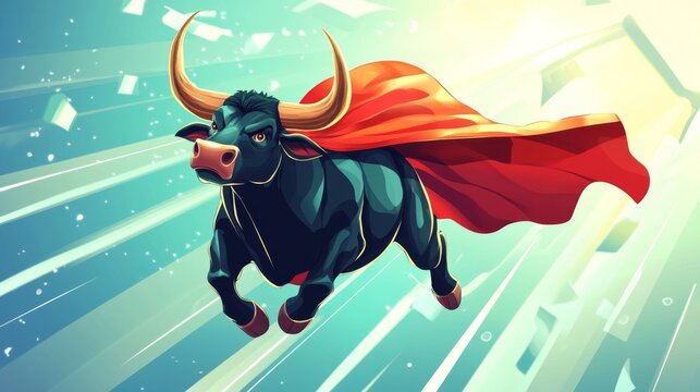 Powerful charging bull in red cape expressing strength and determination