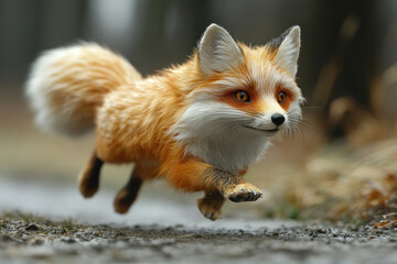 Obraz premium a red fox in motion, as if running along a path. It has fluffy fur, expressive amber eyes and a sly but friendly expression on its face 