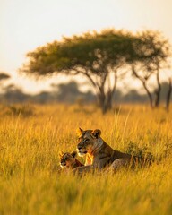 Fototapeta premium Majestic Lioness and Cub in Golden Savanna Sunrise