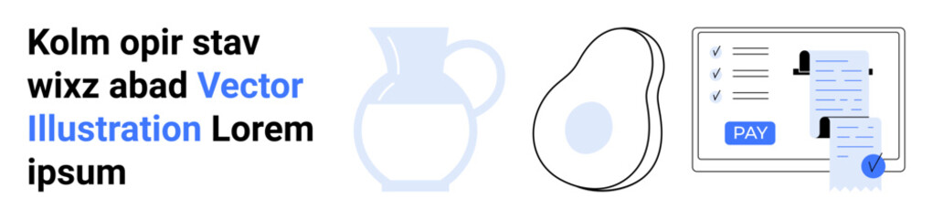 Invoice with pay icon, checklist, avocado, and jug combined in a clean design. Ideal for finance, food, productivity, technology, e-commerce minimalism abstract line flat metaphor