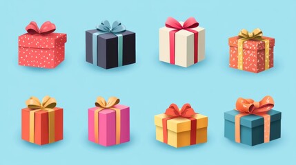 Variety of colorful gift boxes with bows on blue background for celebrations and festive occasions