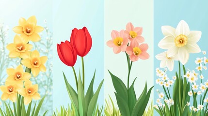 Spring floral array with daffodils, tulips, and blossoms for seasonal decor