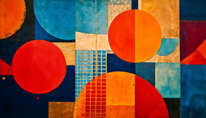 Fiery reds, yellows, blues, oranges in geometric shapes on textured surface, lit indirectly for a dynamic, intense effect.