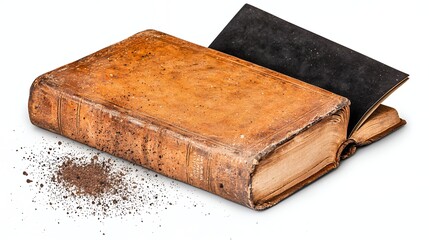 Obraz premium Aged Leather Bound Book with Dust Particles on White Background