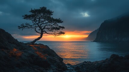 A serene coastal landscape featuring rugged rock formations emerging from the ocean, surrounded by gentle waves.