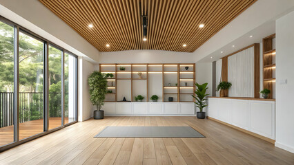 Fototapeta premium Modern minimalist interior design with wooden accents and large windows.