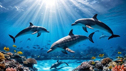 Fototapeta premium A group of dolphins swimming in the ocean near a coral reef.