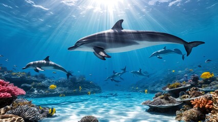 A group of dolphins swimming over a coral reef.