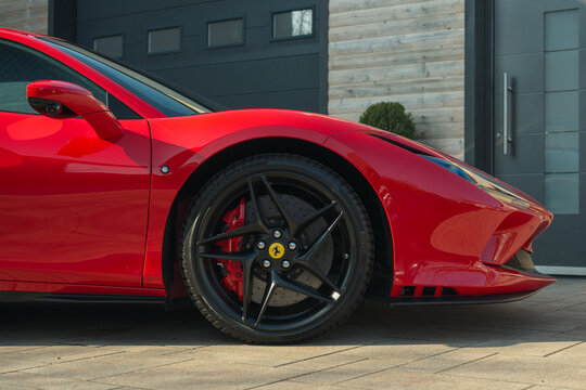 Slovenia, Ljubljana - 22 Feb 2025: Red Ferrari F8 Tributo luxury sports car