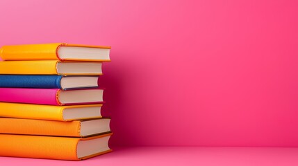 Colorful Books Stacked Against Pink Background