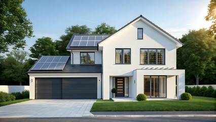 Stylish two story house with solar panels, showcasing sustainable living.